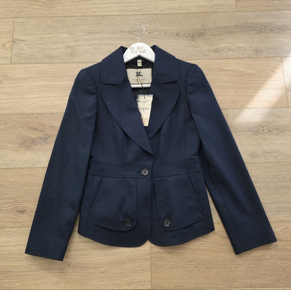 NEW Burberry London Navy Blue Wool Blazer Jacket Size 2